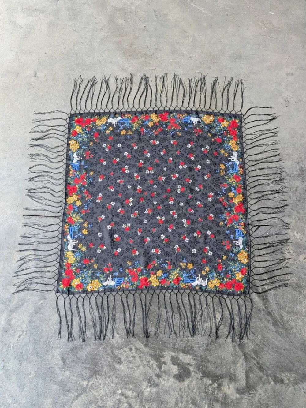 Vintage Silk Goose Scarf Black Floral Fringe Square Scarf